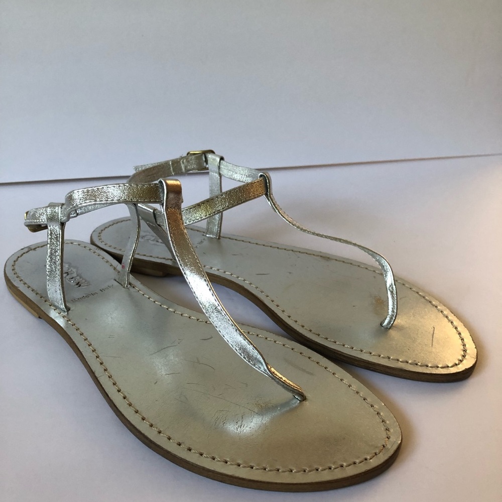 JCrew Made in Italy Silver T strap Flat Sandals 9